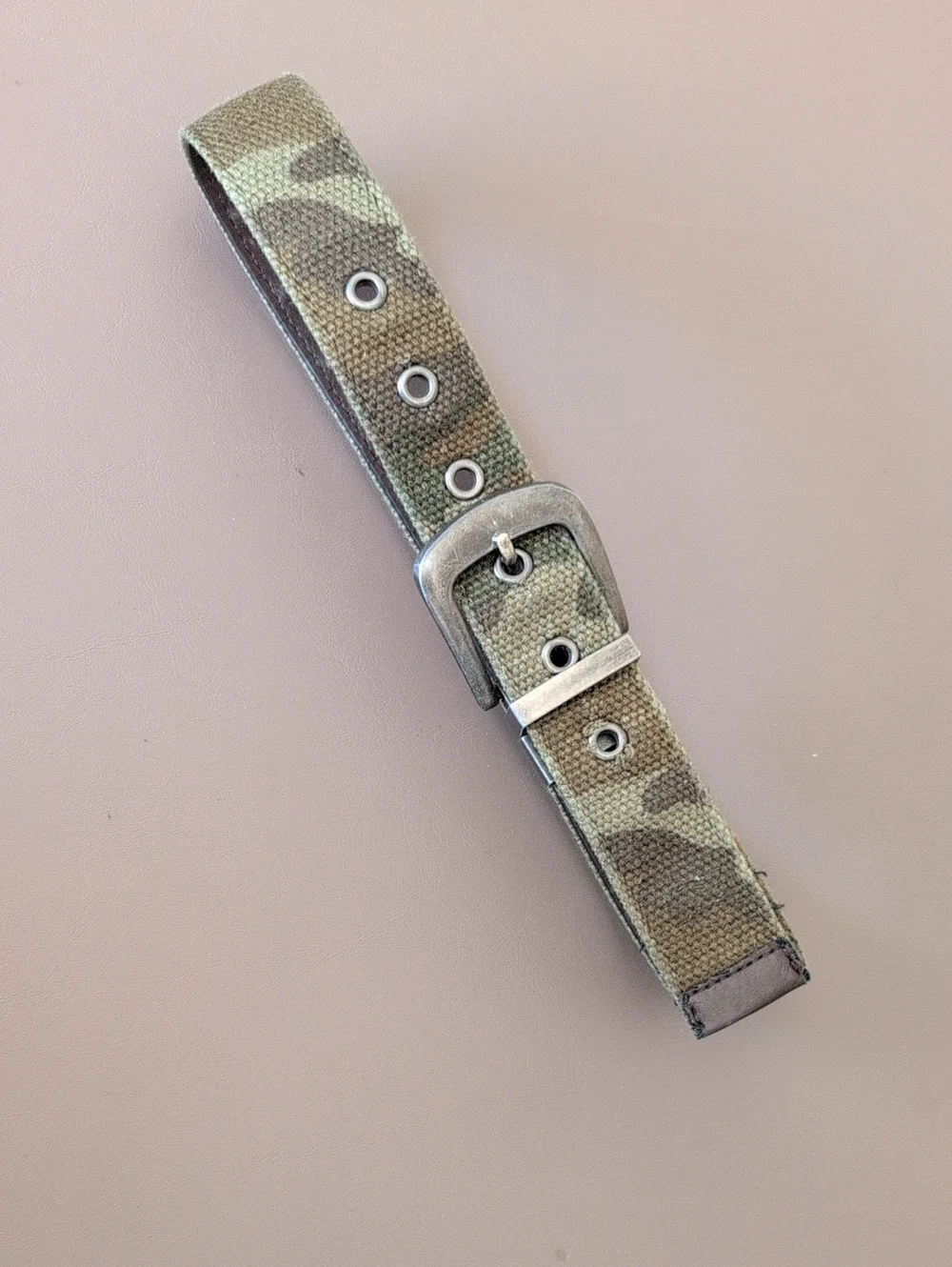 Canvas Camo Print Belt with Brown Leather Trim